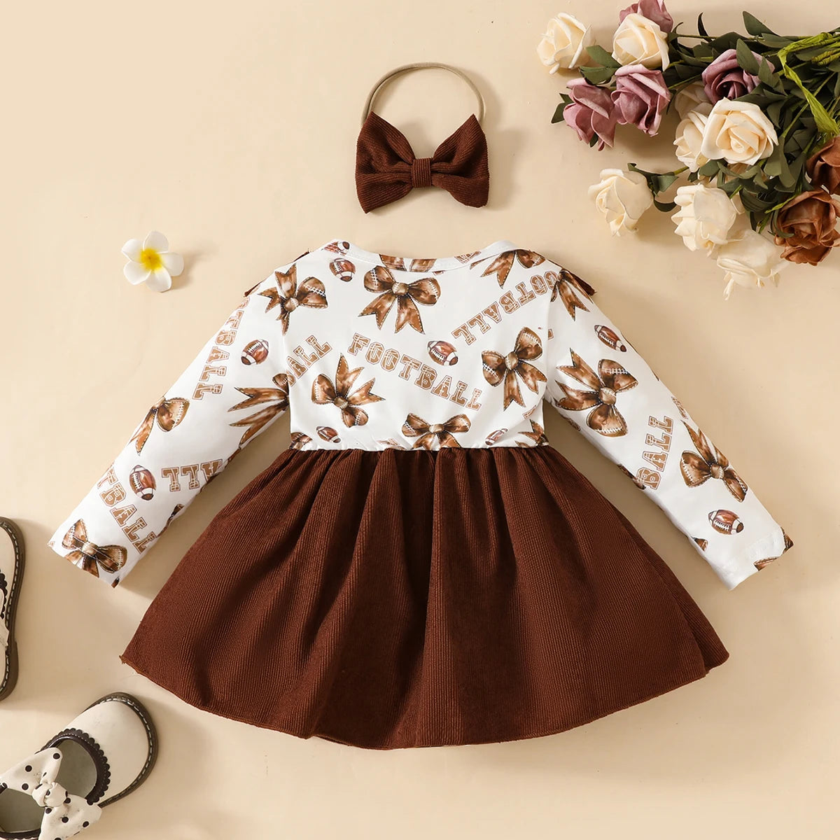 Premium Corduroy Baby Girl Dress With Ruffled Bow Long Sleeve Two Piece Headband Set Spring And Autumn 0 To 18 Months - ToylandEU