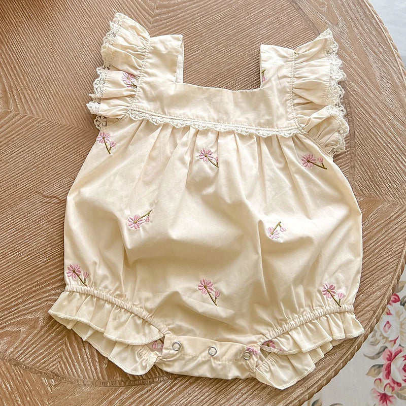 Premium Cotton Newborn Jumpsuit With Flower Embroidery Flying Sleeve Korean Style Summer Baby Girls Outfit 0 To 1 Year - ToylandEU