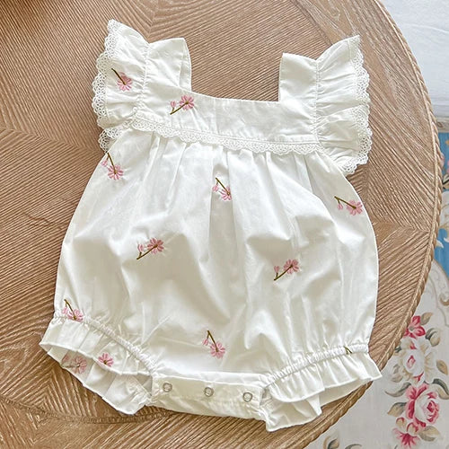 Premium Cotton Newborn Jumpsuit With Flower Embroidery Flying Sleeve Korean Style Summer Baby Girls Outfit 0 To 1 Year - ToylandEU