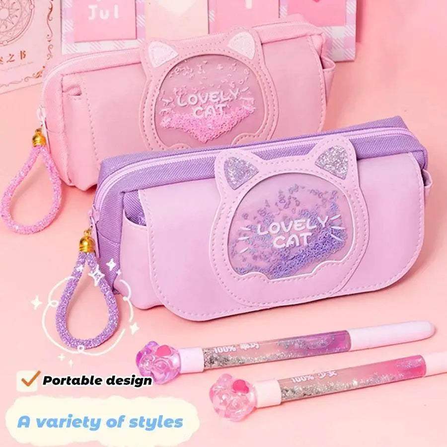 Premium Cute Pencil Case With Quicksand Cat Head For School - ToylandEU