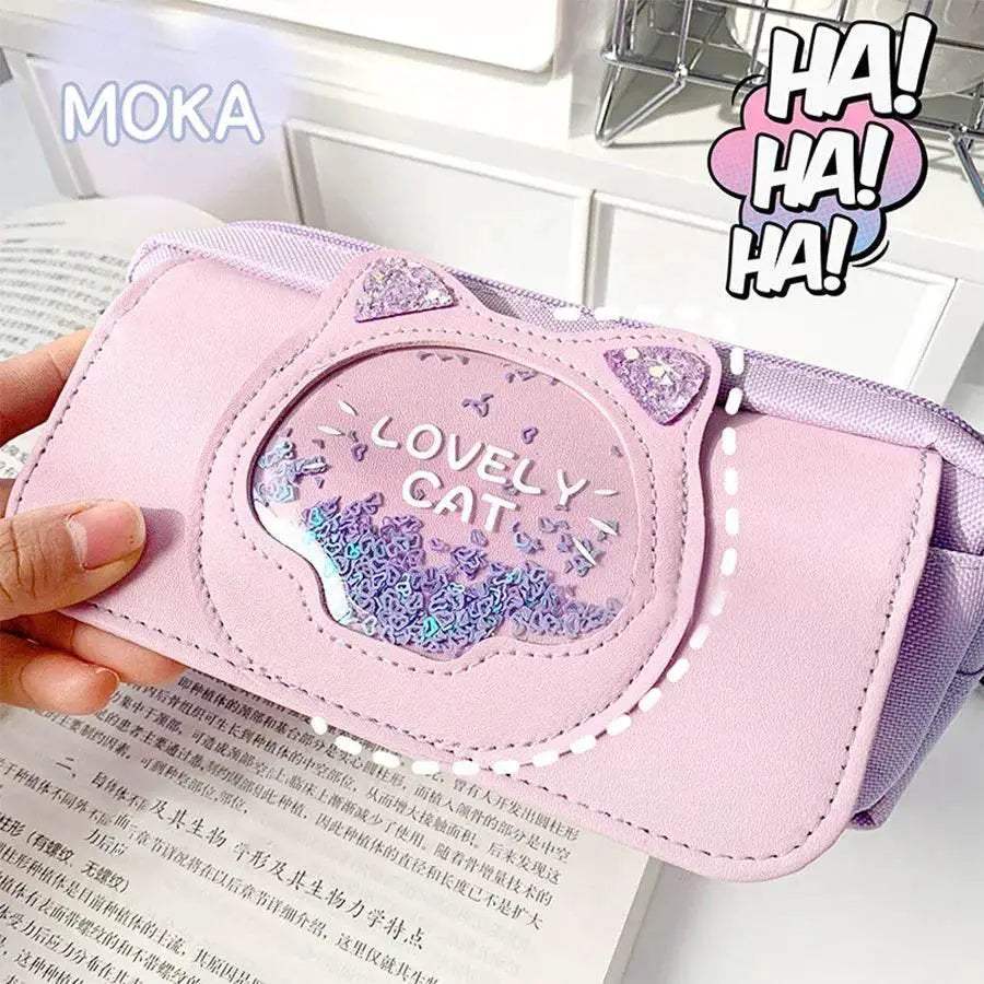 Premium Cute Pencil Case With Quicksand Cat Head For School - ToylandEU