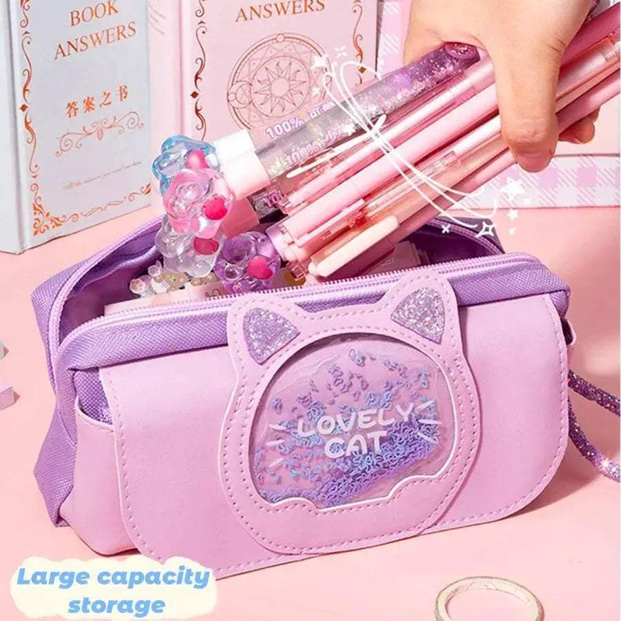 Premium Cute Pencil Case With Quicksand Cat Head For School - ToylandEU