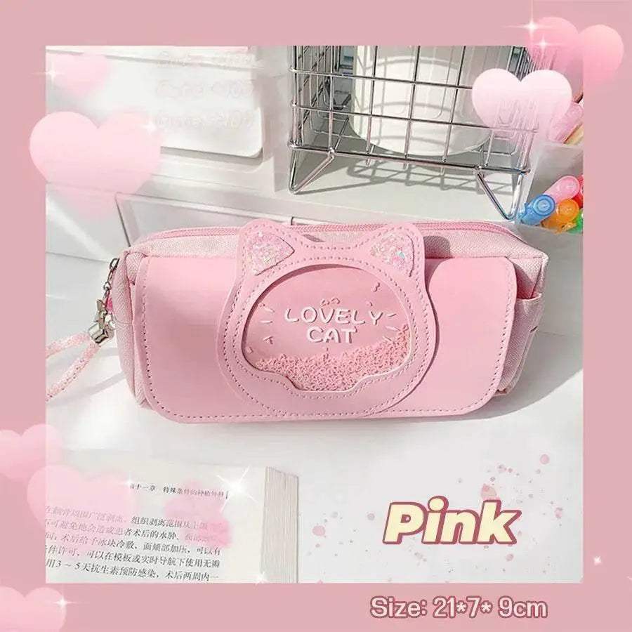Premium Cute Pencil Case With Quicksand Cat Head For School - ToylandEU