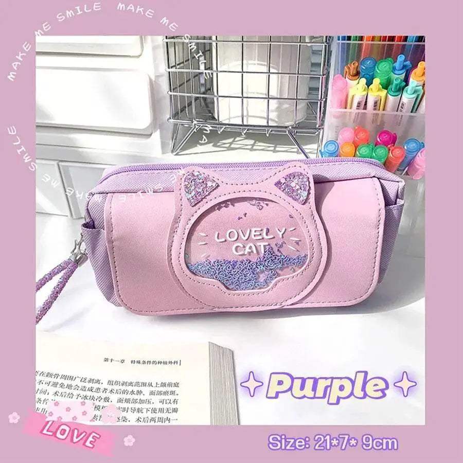 Premium Cute Pencil Case With Quicksand Cat Head For School - ToylandEU
