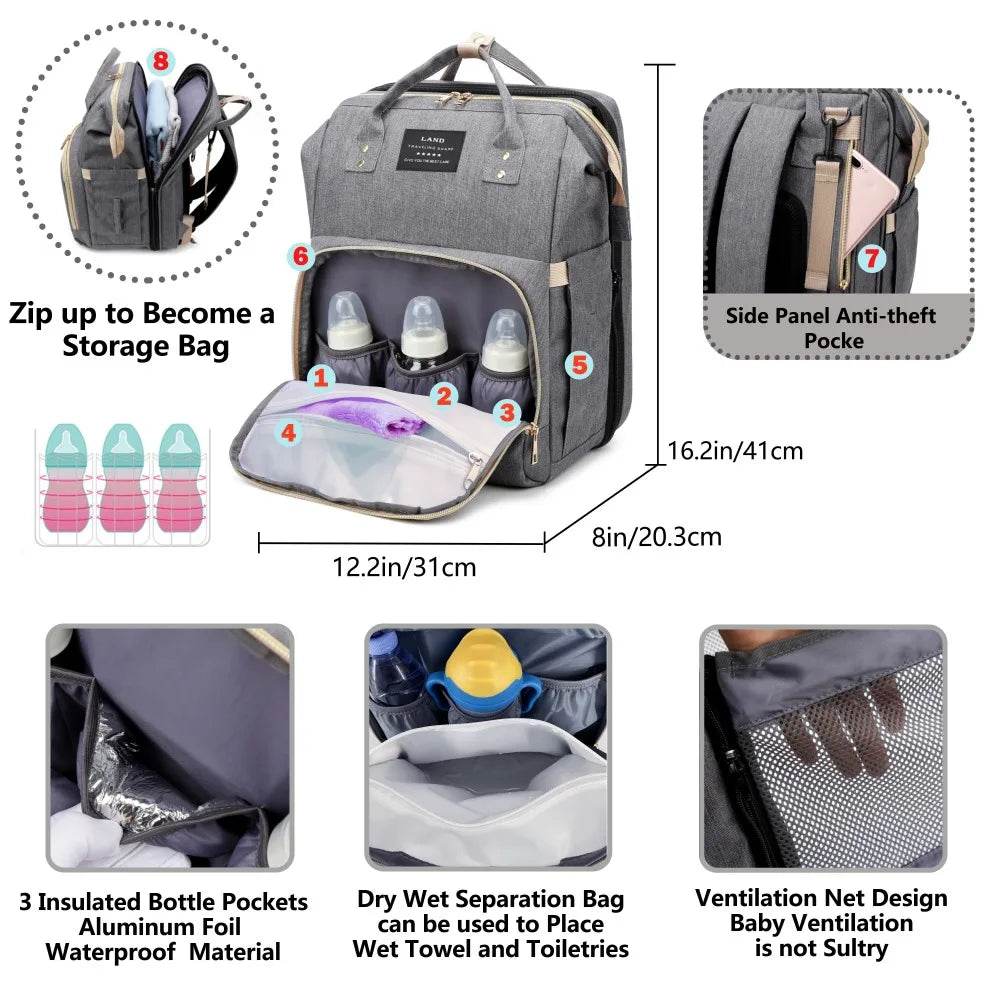 Premium Diaper Backpack With Folding Crib Bed And Extra Large Capacity For Traveling Moms - ToylandEU
