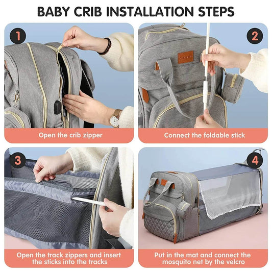 Premium Diaper Bag Backpack Foldable Baby Bed USB Charge Waterproof For Parents On The Go - ToylandEU