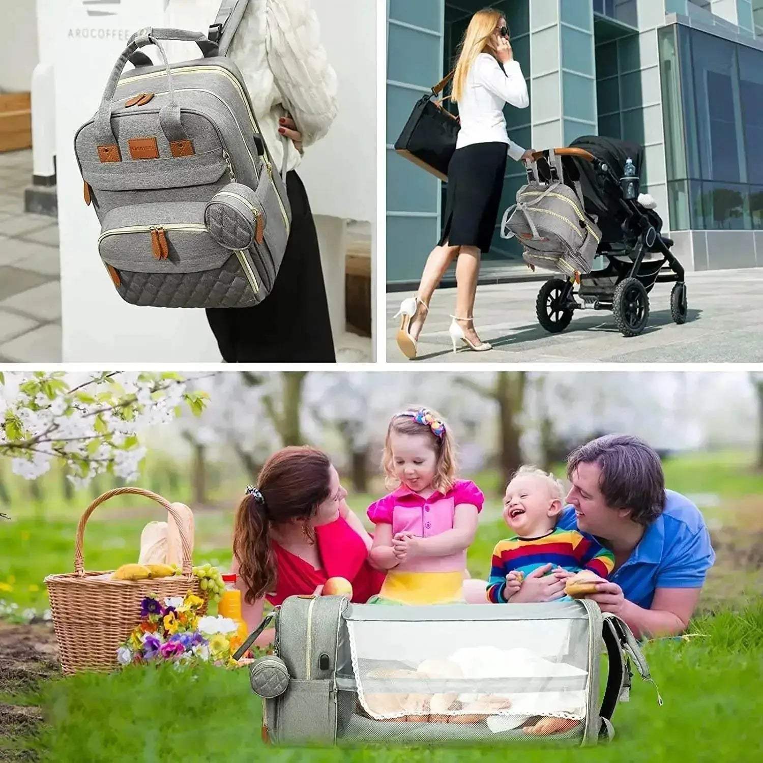 Premium Diaper Bag Backpack Foldable Baby Bed USB Charge Waterproof For Parents On The Go - ToylandEU