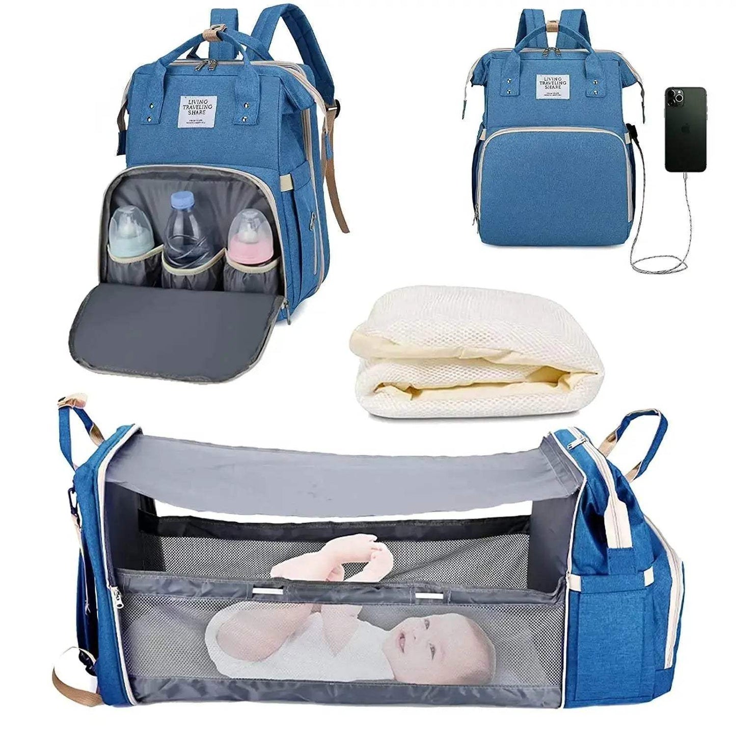 Premium Diaper Bag Backpack Foldable Baby Bed USB Charge Waterproof For Parents On The Go - ToylandEU
