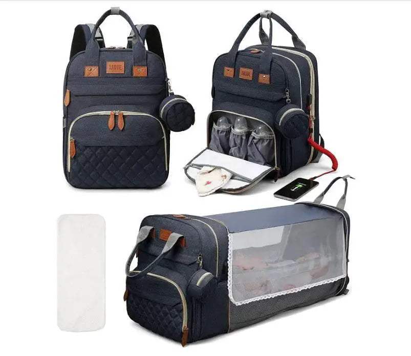 Premium Diaper Bag Backpack Foldable Baby Bed USB Charge Waterproof For Parents On The Go - ToylandEU