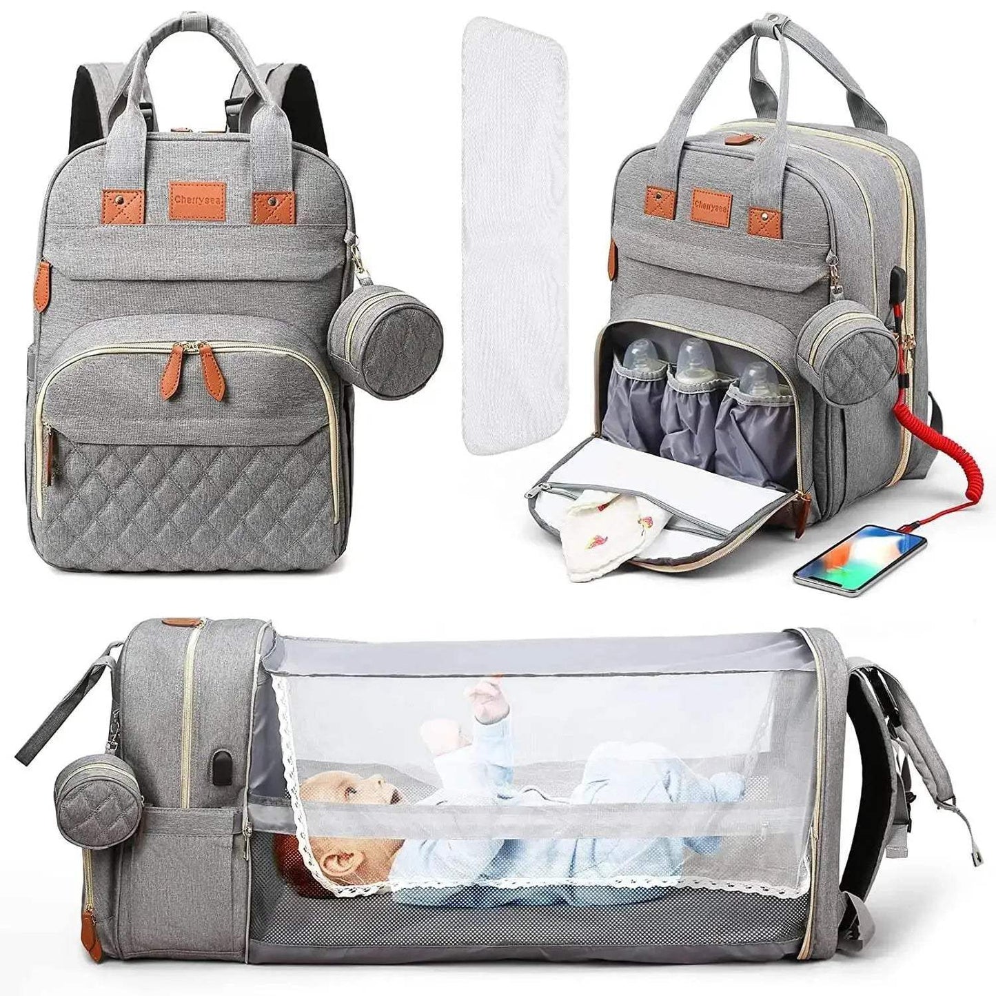Premium Diaper Bag Backpack Foldable Baby Bed USB Charge Waterproof For Parents On The Go - ToylandEU