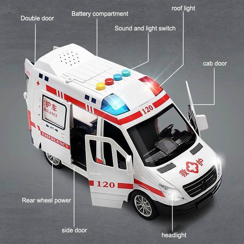 Premium Diecast Ambulance Model Pull Back Sound Light Gift - ToylandEU
