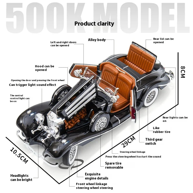 Premium Diecast Car Model 1 18 Scale With Sound And Light Vintage 1936 Mercedes Benz 500K For Collectors - ToylandEU