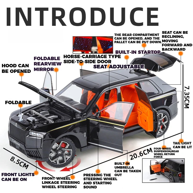 Premium Diecast Model Car 1 24 Scale Rolls Royce Cullinan Alloy Pull Back With Sound And Lights For Collectors - ToylandEU