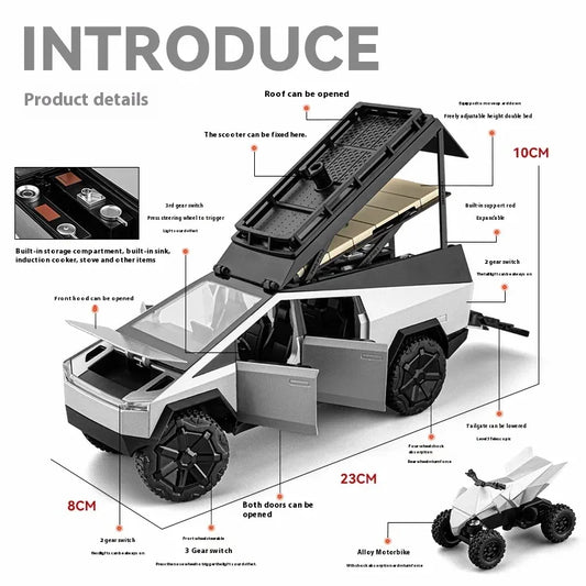 Premium Diecast Model Cybertruck Camping Pickup With Motorcycle For Collectors - ToylandEU