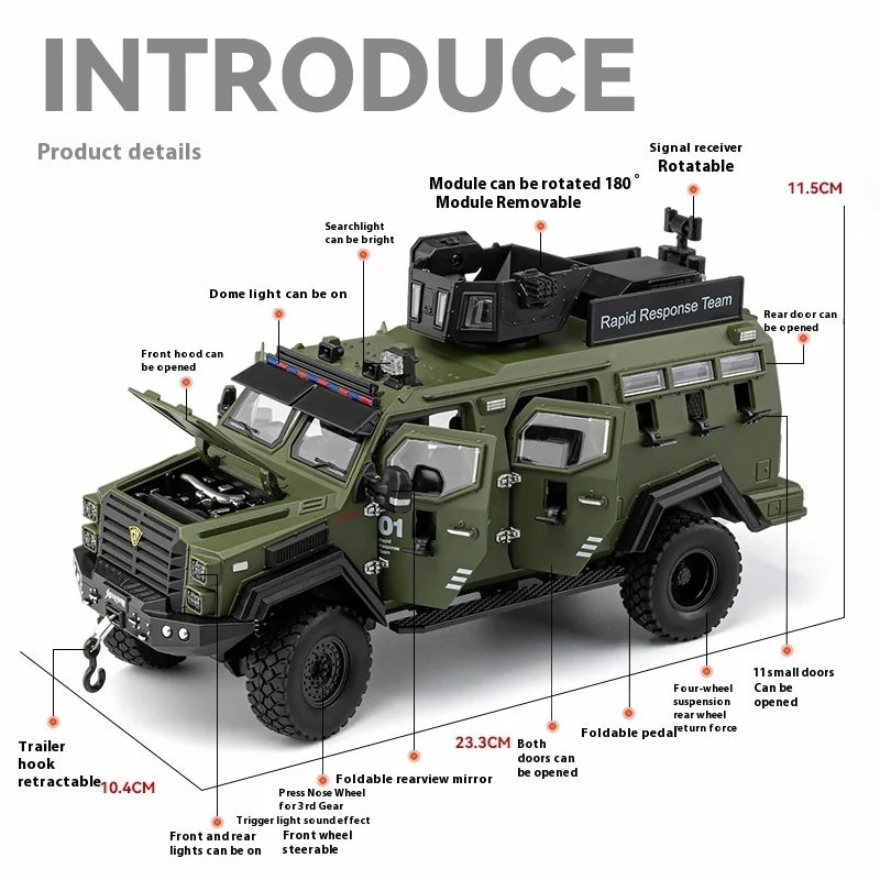 Premium Diecast Police Armored Car Model 1 To 24 Scale With Explosion Proof Alloy And Sound Lights For Collectors - ToylandEU