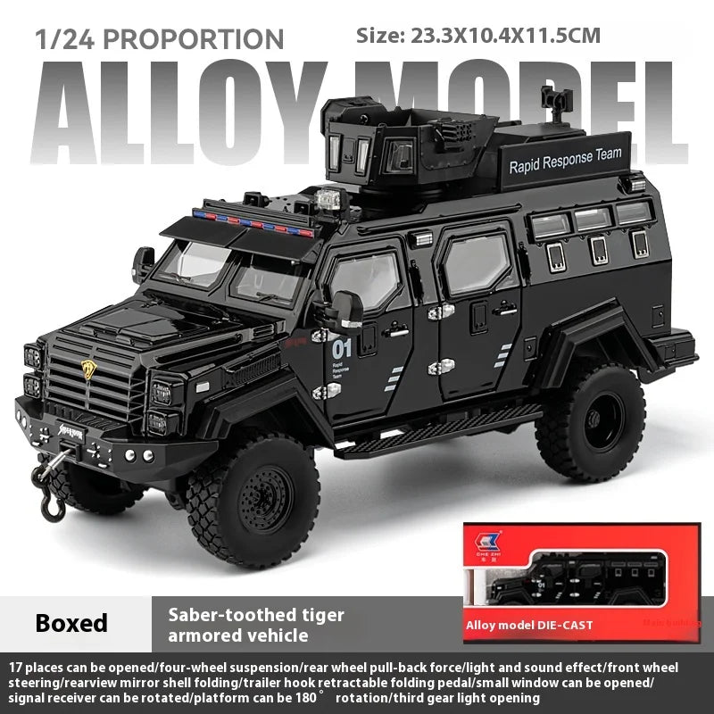 Premium Diecast Police Armored Car Model 1 To 24 Scale With Explosion Proof Alloy And Sound Lights For Collectors - ToylandEU