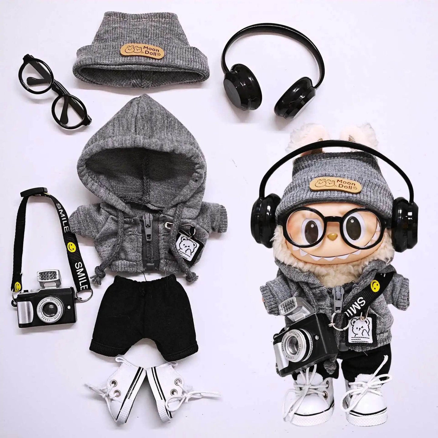 Premium Doll Clothing Gray Sweatshirt Hat Set For Labubu - ToylandEU