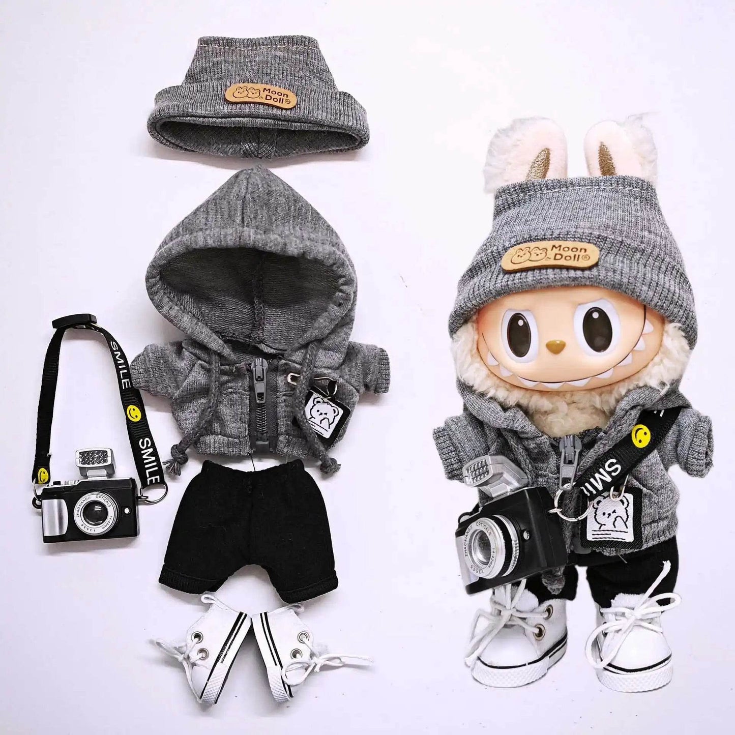 Premium Doll Clothing Gray Sweatshirt Hat Set For Labubu - ToylandEU