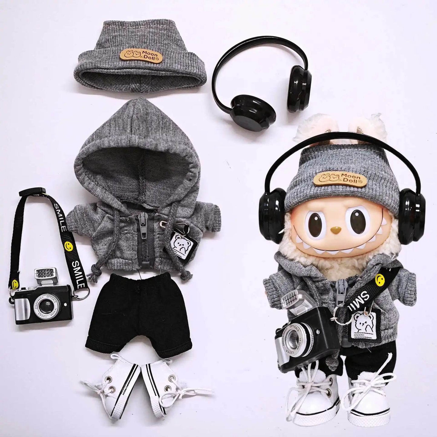 Premium Doll Clothing Gray Sweatshirt Hat Set For Labubu - ToylandEU