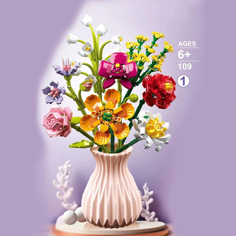 Premium Everlasting Flower Bouquet Building Blocks Set With Random Color Vase For Kids And Gifts - ToylandEU