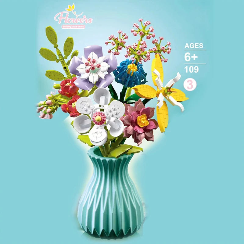 Premium Everlasting Flower Bouquet Building Blocks Set With Random Color Vase For Kids And Gifts - ToylandEU