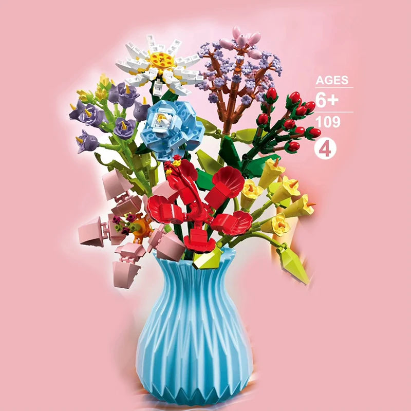 Premium Everlasting Flower Bouquet Building Blocks Set With Random Color Vase For Kids And Gifts - ToylandEU