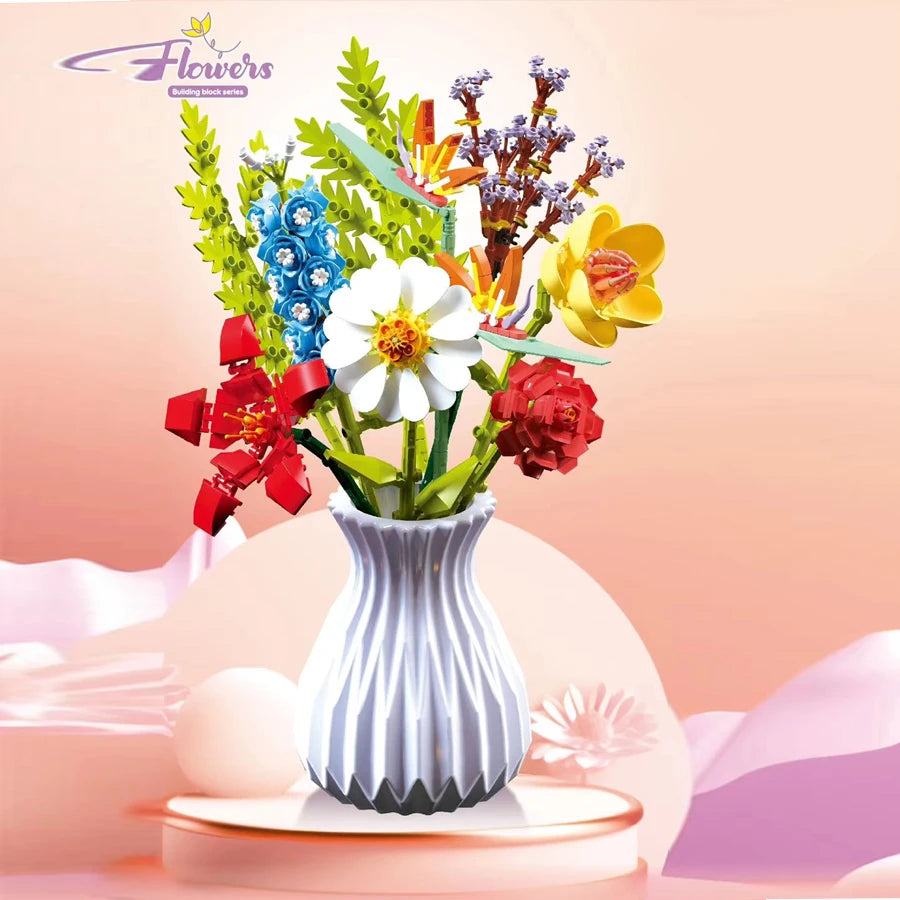 Premium Everlasting Flower Bouquet Building Blocks Set With Random Color Vase For Kids And Gifts - ToylandEU
