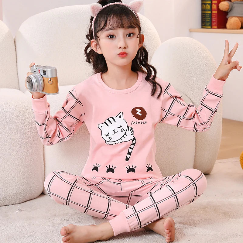 Premium Girls Pajama Set With Cotton 100 And Pink Cat Print Long Sleeve Ages 7 To 14 - ToylandEU