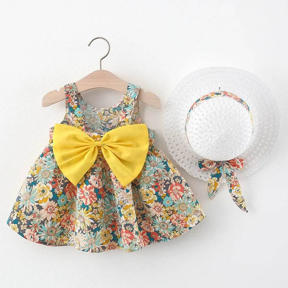 Premium Girls Summer Dress Set Floral Seaside Pattern Butterfly Backless Design With Hat For Vacation - ToylandEU