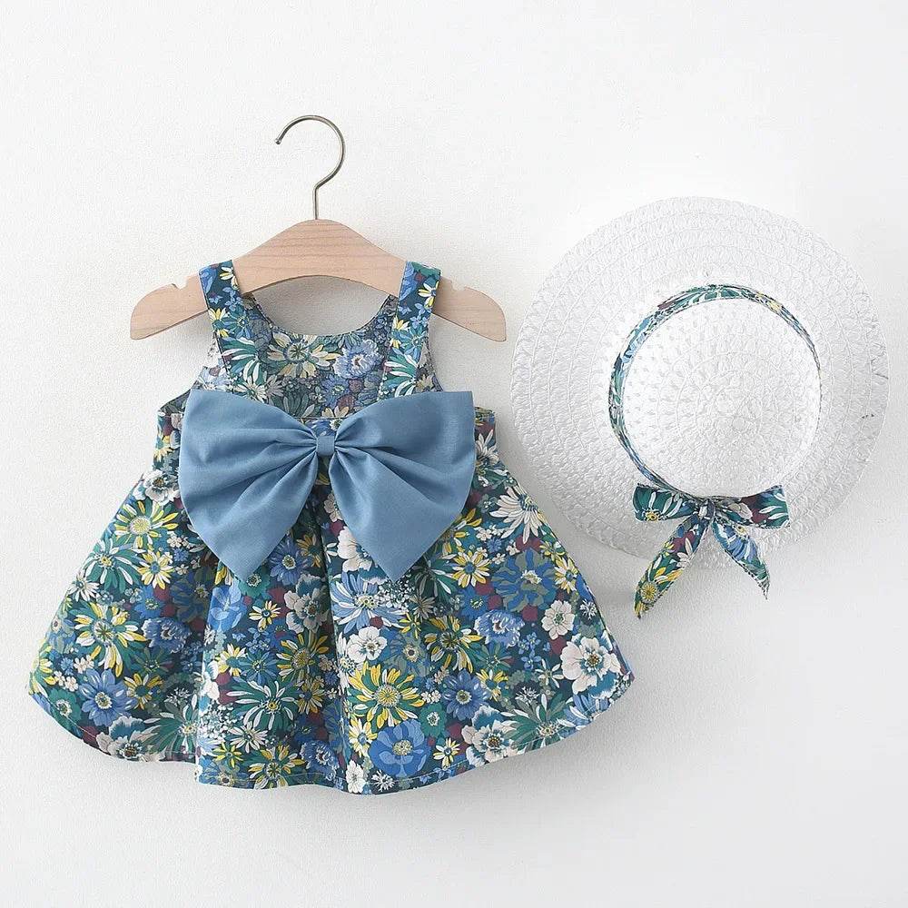 Premium Girls Summer Dress Set Floral Seaside Pattern Butterfly Backless Design With Hat For Vacation - ToylandEU