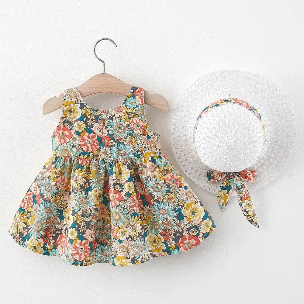 Premium Girls Summer Dress Set Floral Seaside Pattern Butterfly Backless Design With Hat For Vacation - ToylandEU