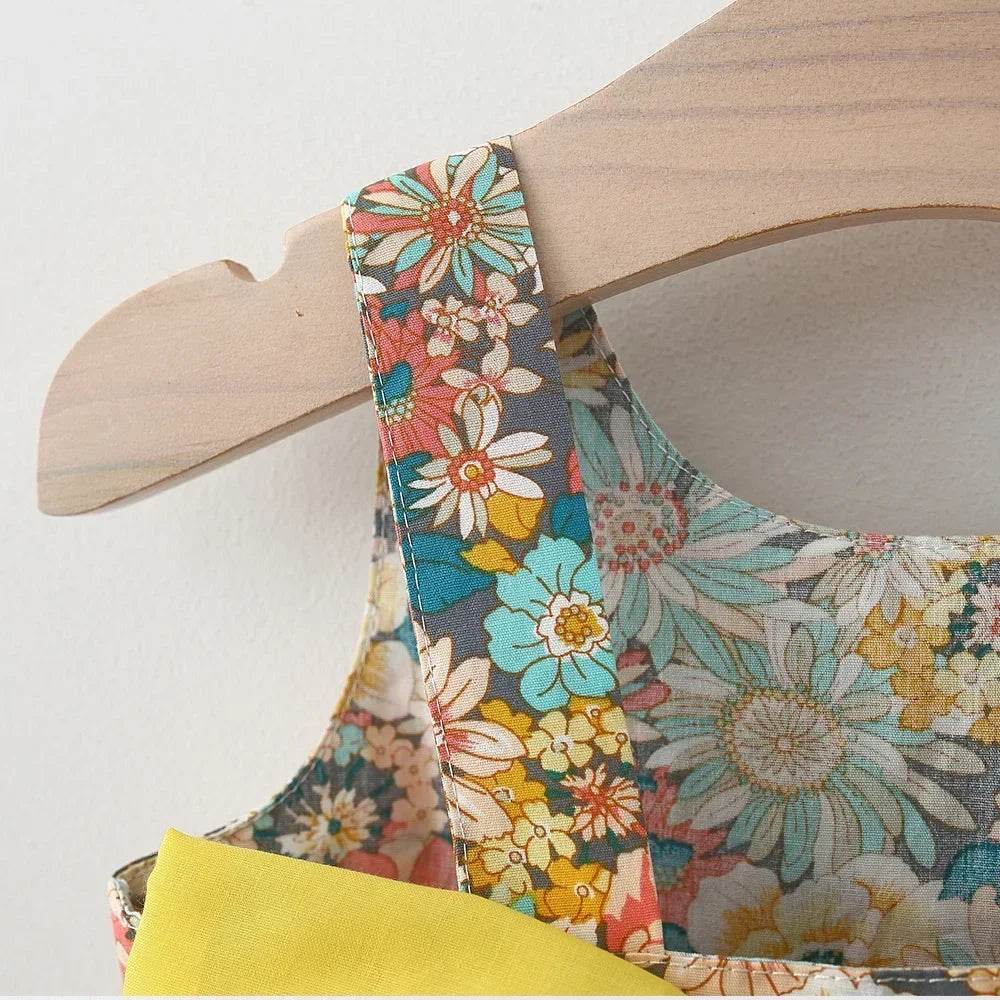 Premium Girls Summer Dress Set Floral Seaside Pattern Butterfly Backless Design With Hat For Vacation - ToylandEU