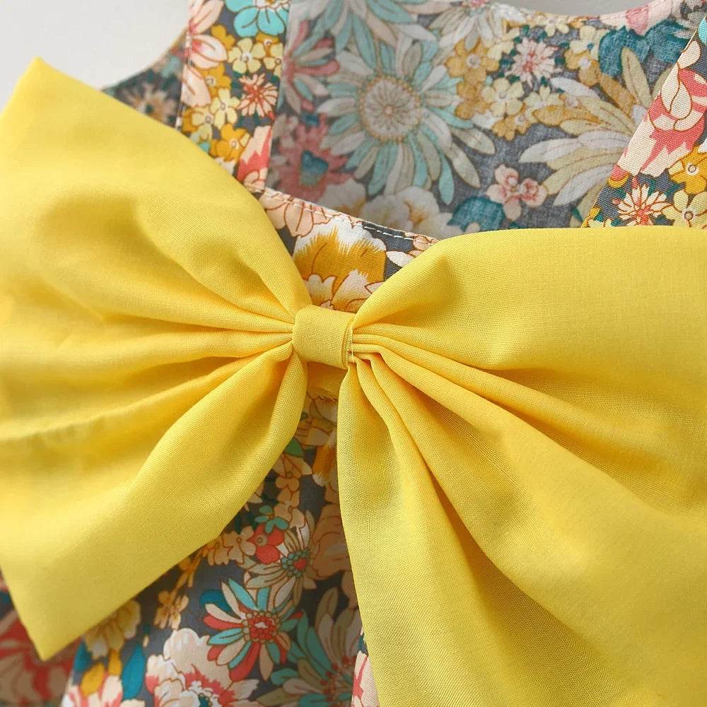 Premium Girls Summer Dress Set Floral Seaside Pattern Butterfly Backless Design With Hat For Vacation - ToylandEU