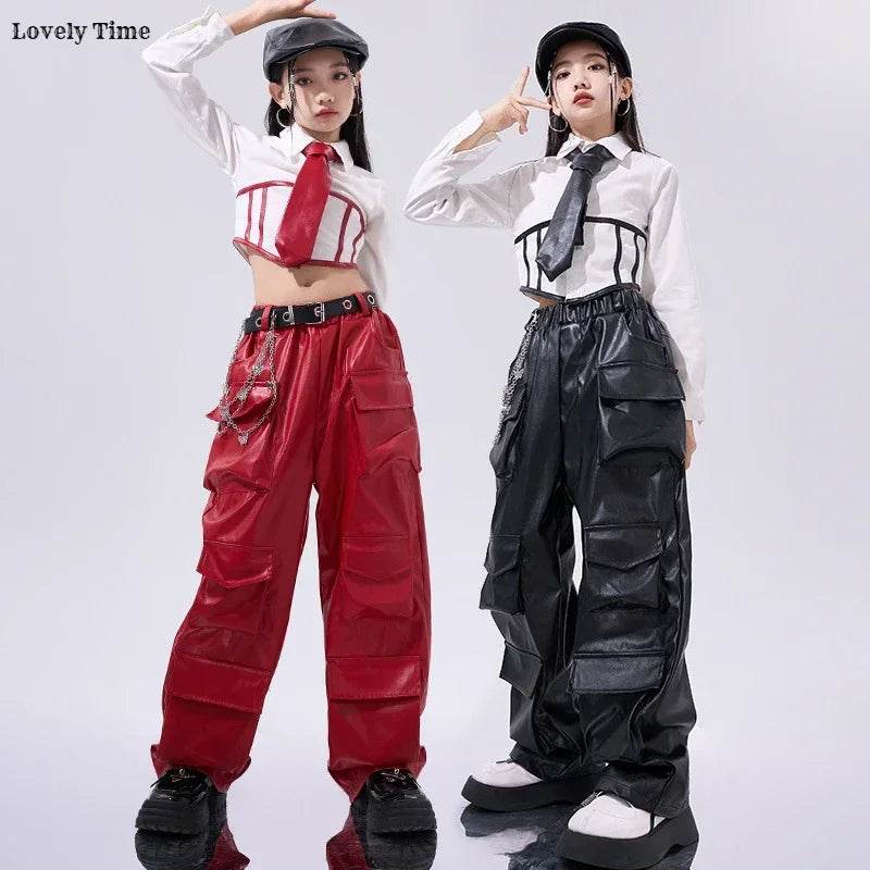 Premium Hip Hop Crop Top PU Leather Cargo Pants Girls - ToylandEU