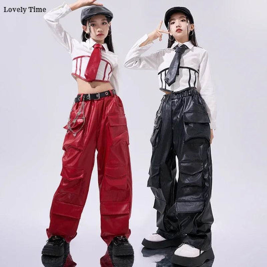 Premium Hip Hop Crop Top PU Leather Cargo Pants Girls - ToylandEU