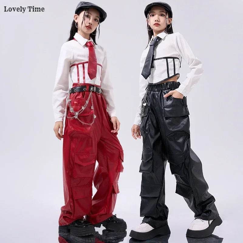 Premium Hip Hop Crop Top PU Leather Cargo Pants Girls - ToylandEU