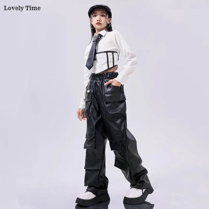 Premium Hip Hop Crop Top PU Leather Cargo Pants Girls - ToylandEU