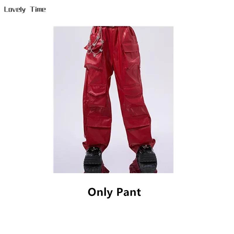 Premium Hip Hop Crop Top PU Leather Cargo Pants Girls - ToylandEU