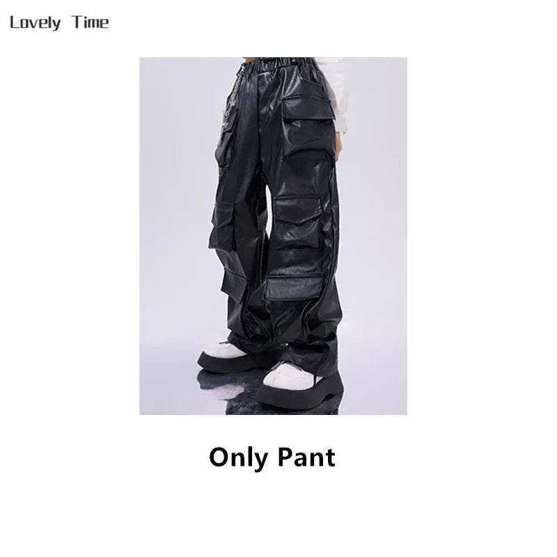 Premium Hip Hop Crop Top PU Leather Cargo Pants Girls - ToylandEU