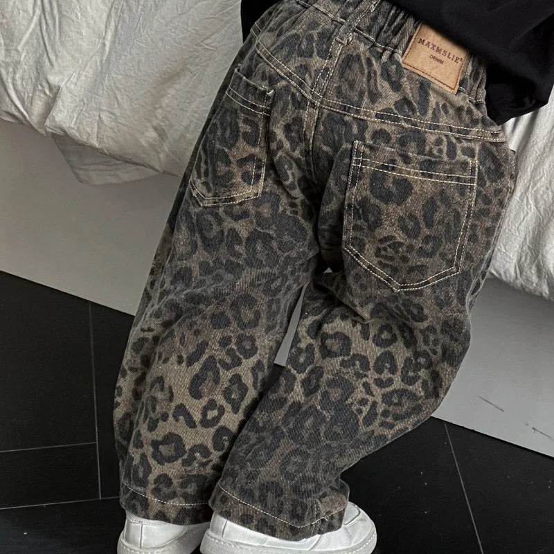 Premium Kids Jeans Leopard Print Loose Fit Elastic Waist Pure Cotton All Season For Ages 7 To 13 - ToylandEU