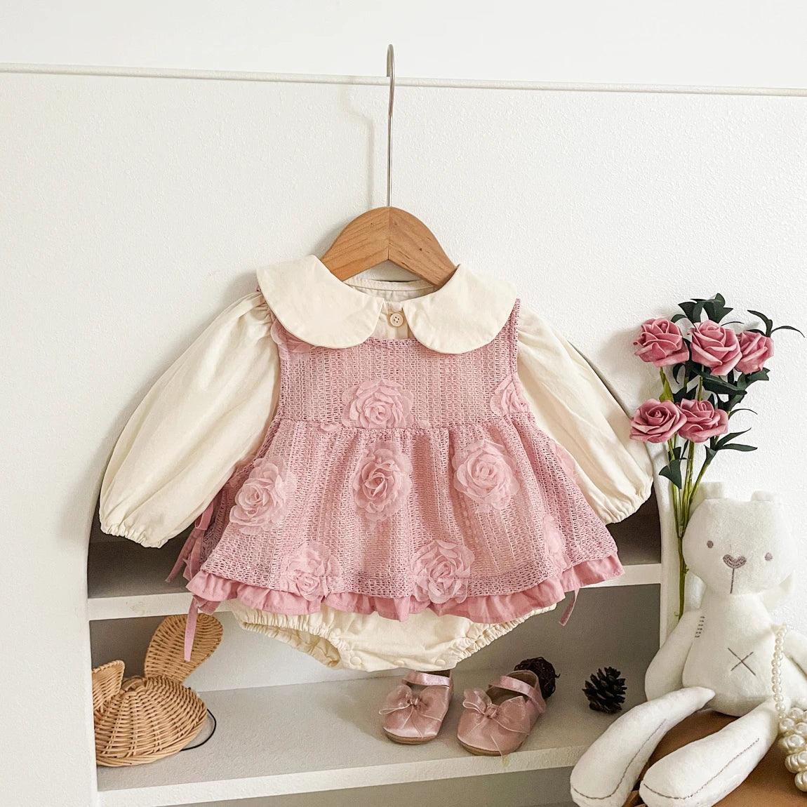 Premium Korean Style Baby Dress Set With Rose Lace Vest For 1 2 Year Old Girls - ToylandEU