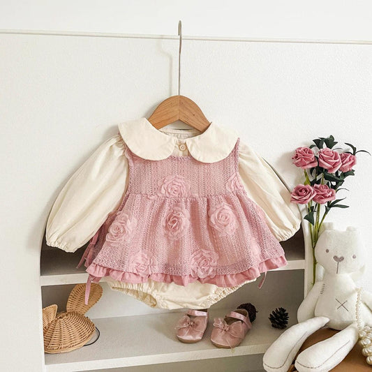 Premium Korean Style Baby Dress Set With Rose Lace Vest For 1 2 Year Old Girls - ToylandEU