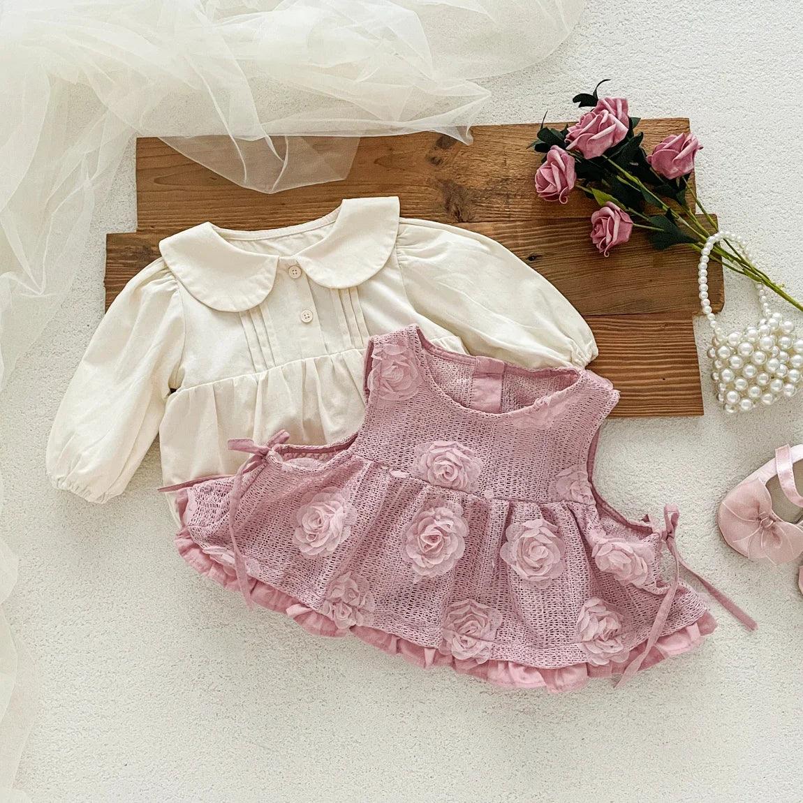 Premium Korean Style Baby Dress Set With Rose Lace Vest For 1 2 Year Old Girls - ToylandEU