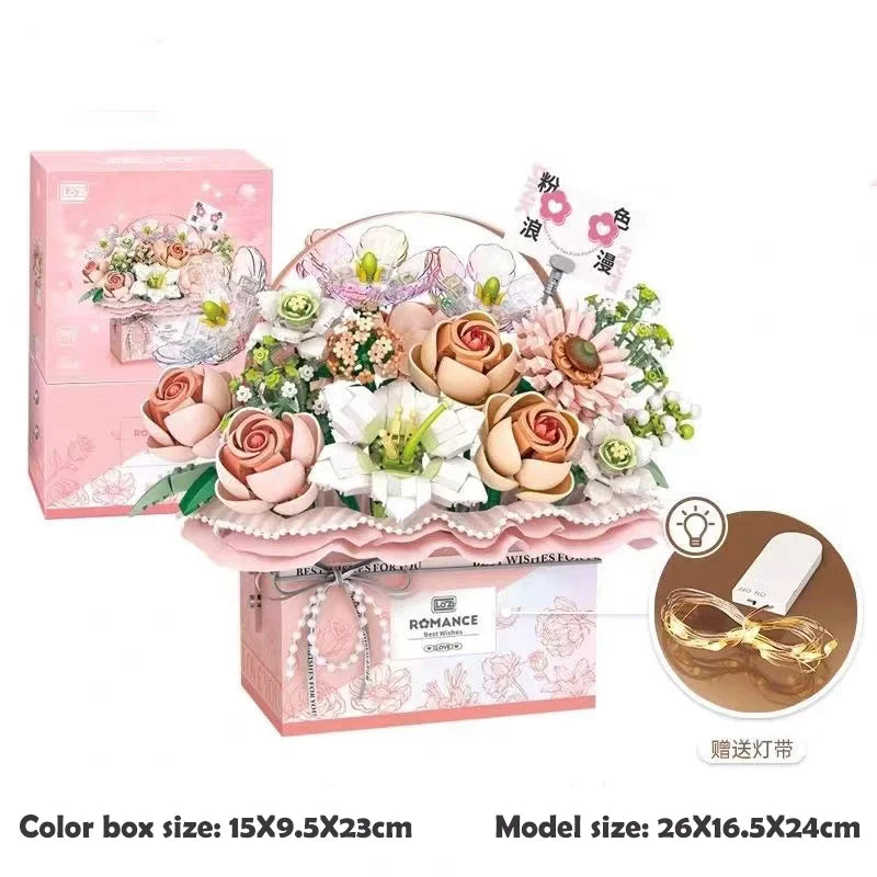 Premium Lego Compatible Building Block Kit Mini Rose Flower Basket With Light For Home Decor Gift - ToylandEU