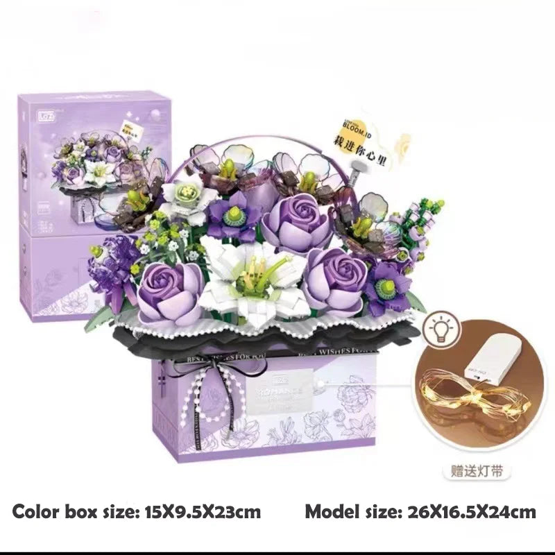 Premium Lego Compatible Building Block Kit Mini Rose Flower Basket With Light For Home Decor Gift - ToylandEU