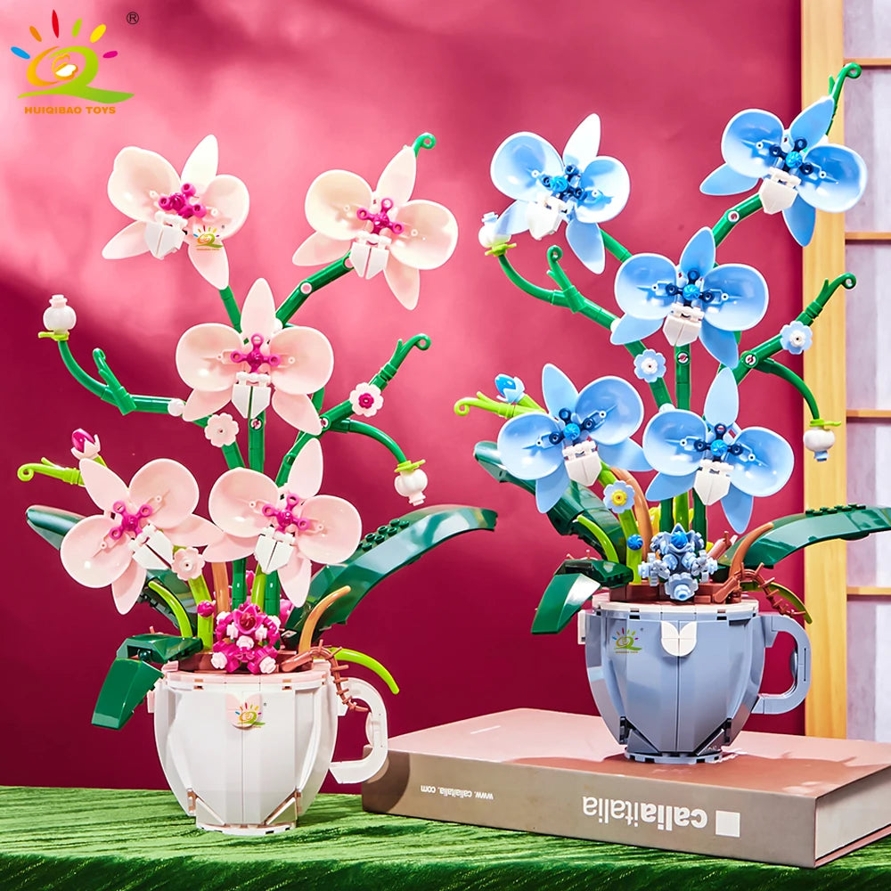 Premium Lego Compatible Building Blocks 3D Orchid Bouquet Coffee Cup Potted Decor For Home And Desk - ToylandEU