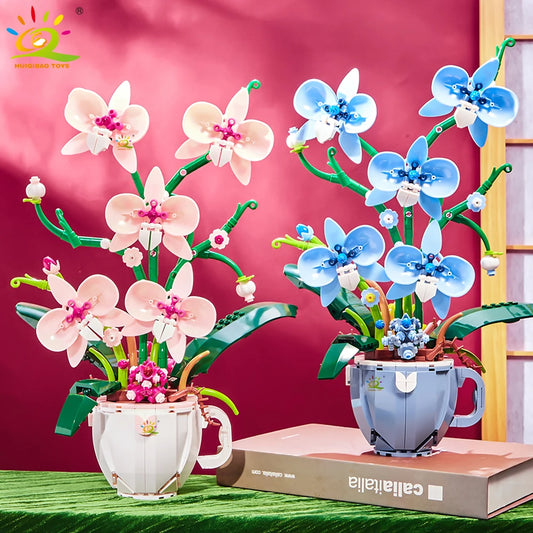 Premium Lego Compatible Building Blocks 3D Orchid Bouquet Coffee Cup Potted Decor For Home And Desk - ToylandEU