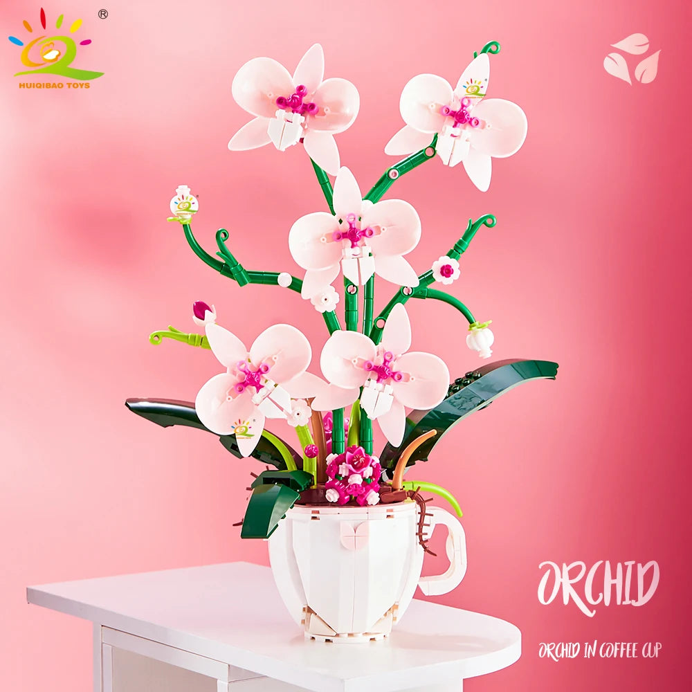 Premium Lego Compatible Building Blocks 3D Orchid Bouquet Coffee Cup Potted Decor For Home And Desk - ToylandEU