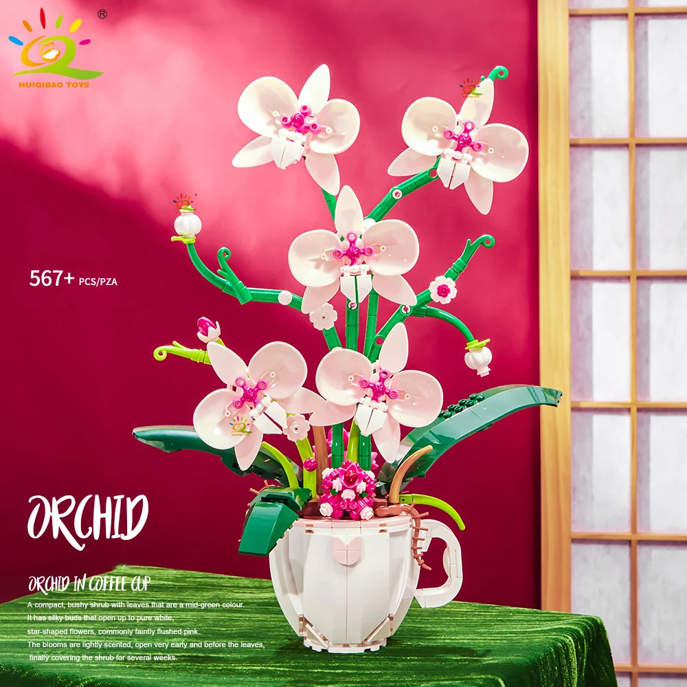 Premium Lego Compatible Building Blocks 3D Orchid Bouquet Coffee Cup Potted Decor For Home And Desk - ToylandEU