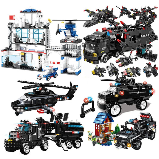 Premium Lego Compatible Building Blocks Set Multi Vehicle City Police Station Bus Car Helicopter Army Trucks For Kids - ToylandEU